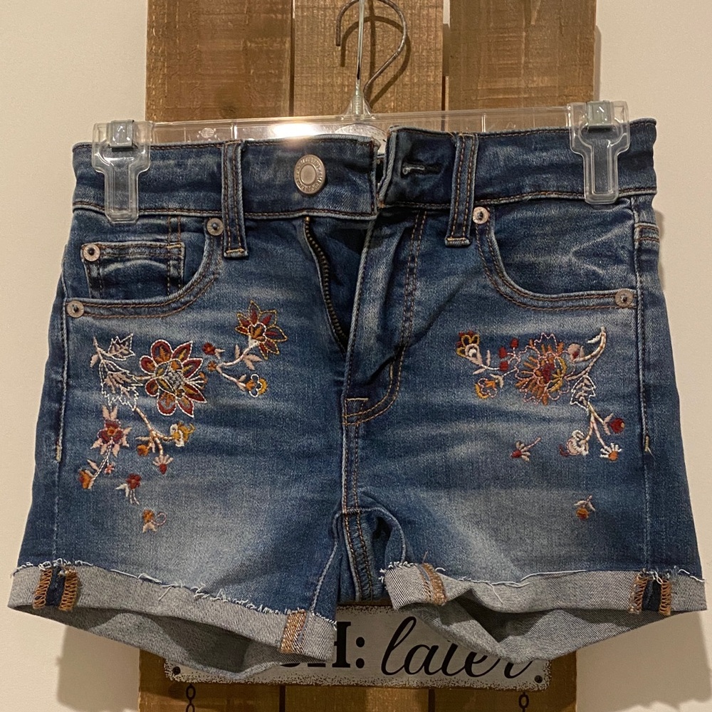 American Eagle Blue Denim Shorts with Floral Embroidery